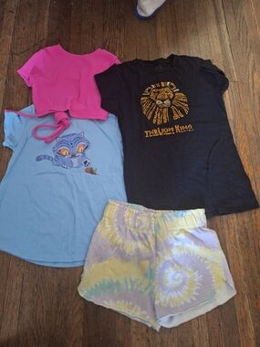 Girls Pink and Light Blue Pajama Set - Cute Cat Tee & Tie-Dye Shorts